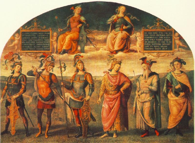 PERUGINO, Pietro Fortitude and Temperance with Six Antique Heroes Norge oil painting art